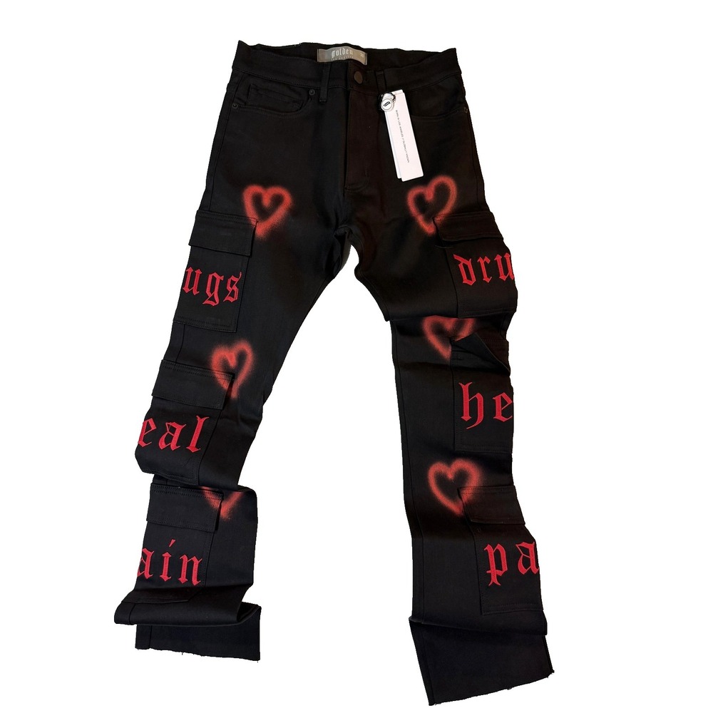 Golden Denim LA Jeans Mens 30 Black Red Heart Cargo
